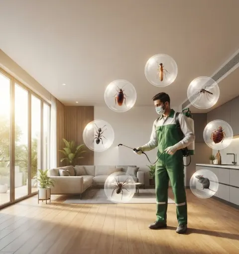 Técnico de dedetização com uniforme e EPI aplicando controle de pragas em apartamento no Rio de Janeiro