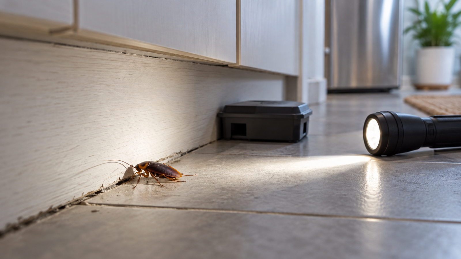 Barata próxima ao rodapé de uma cozinha