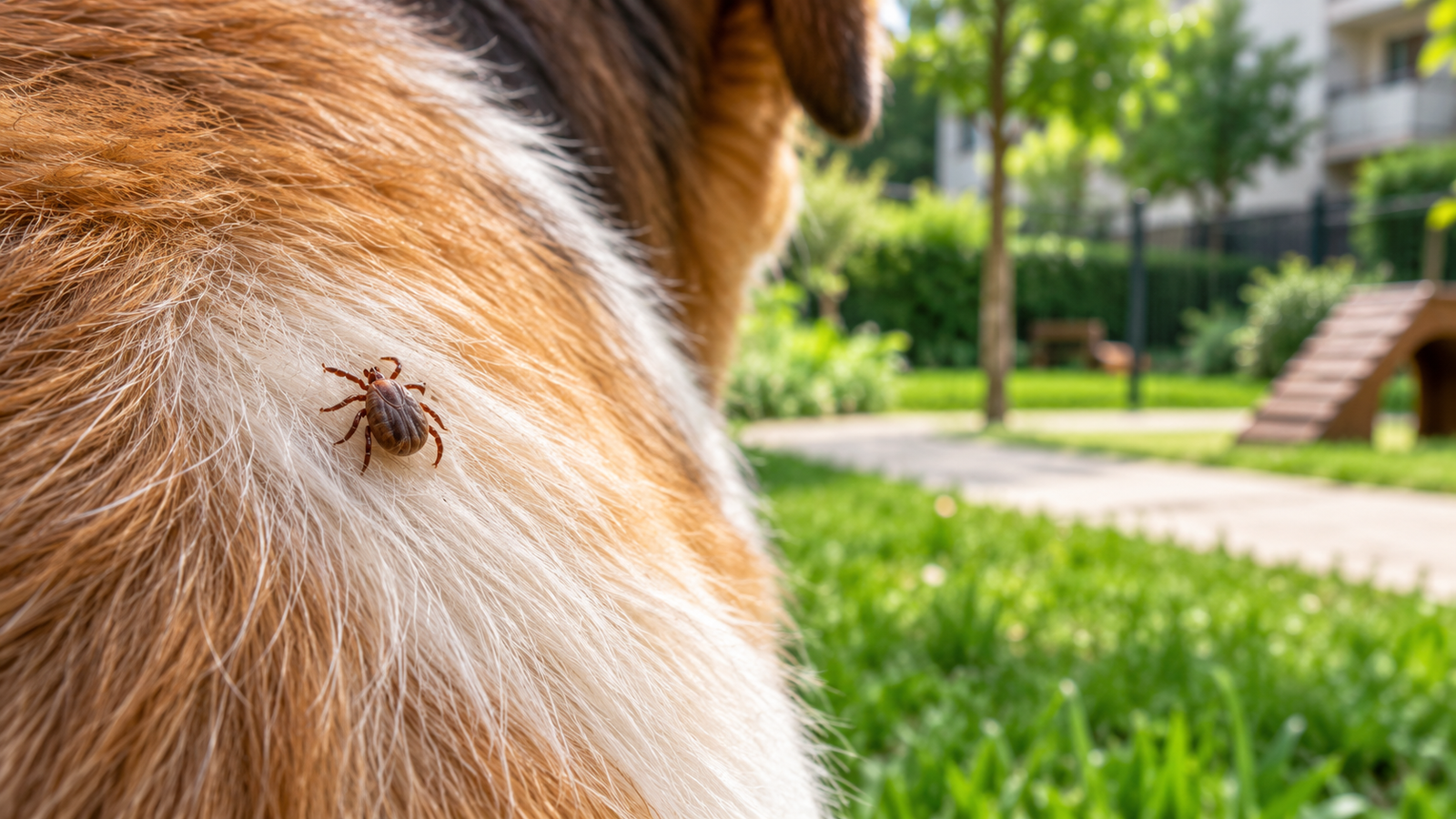 Carrapato no pelo de cão em área residencial