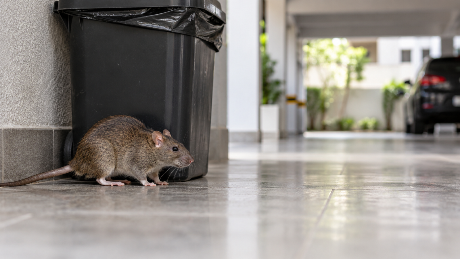 Rato próximo a lixeira em garagem de condomínio