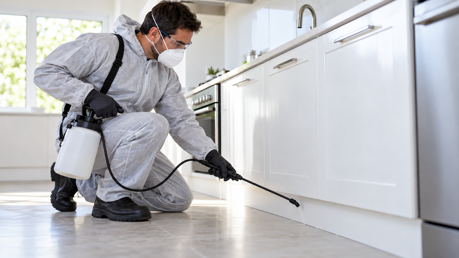 Profissional realizando desinsetização em cozinha residencial