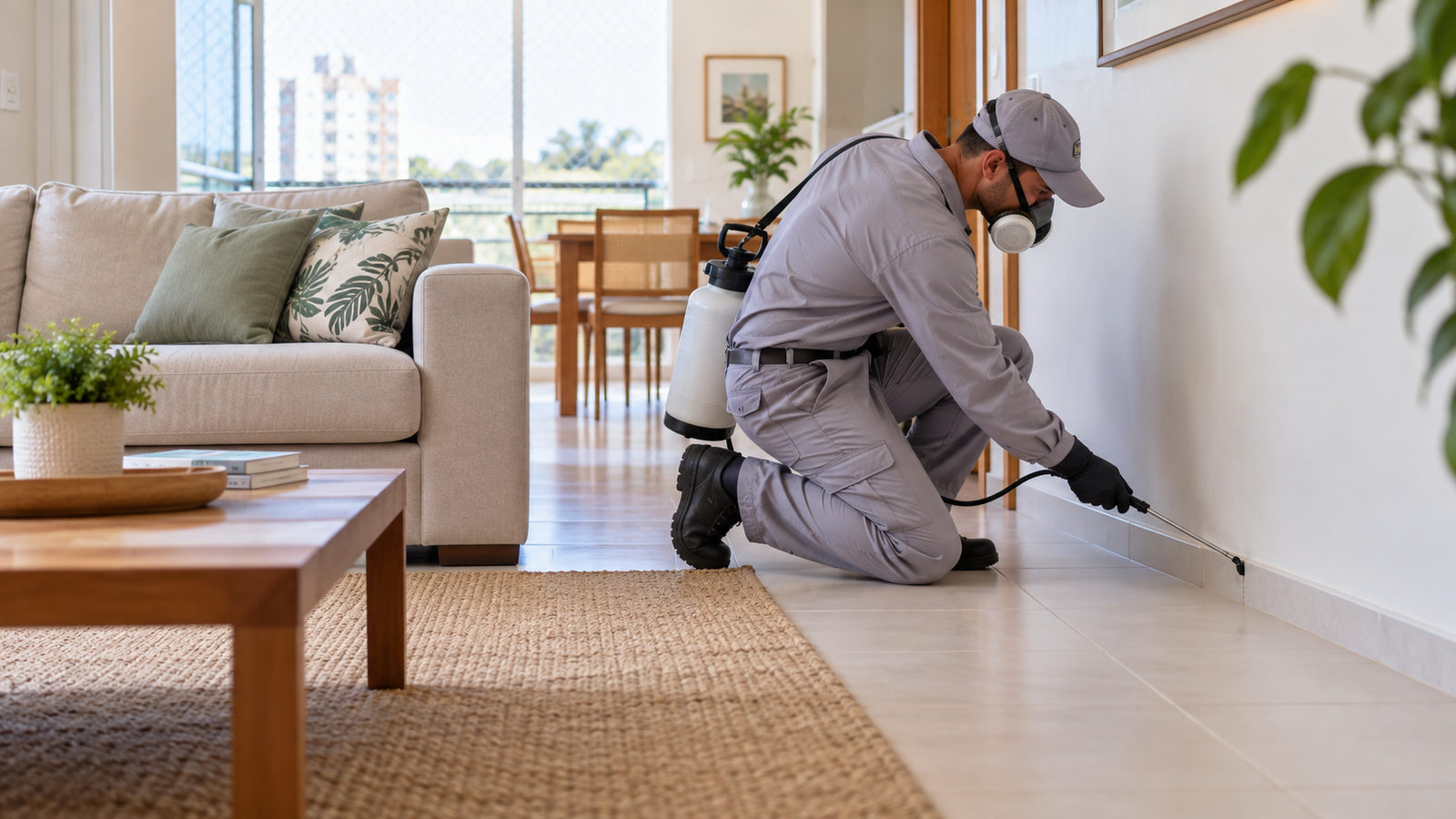 Profissional realizando desinsetização em uma residência