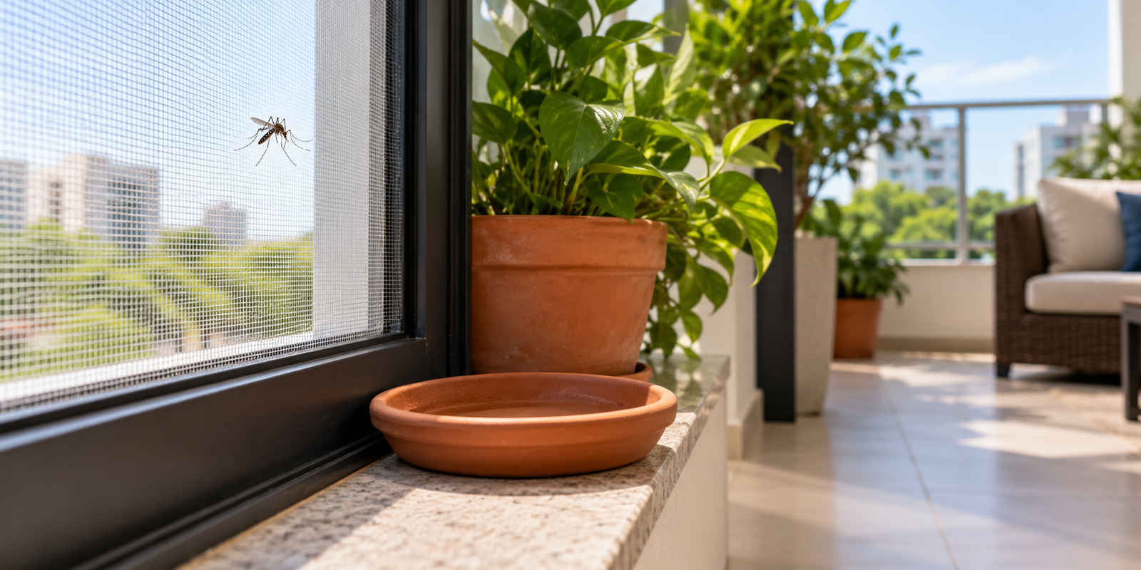 Mosquito próximo a uma janela com tela e vaso em área residencial